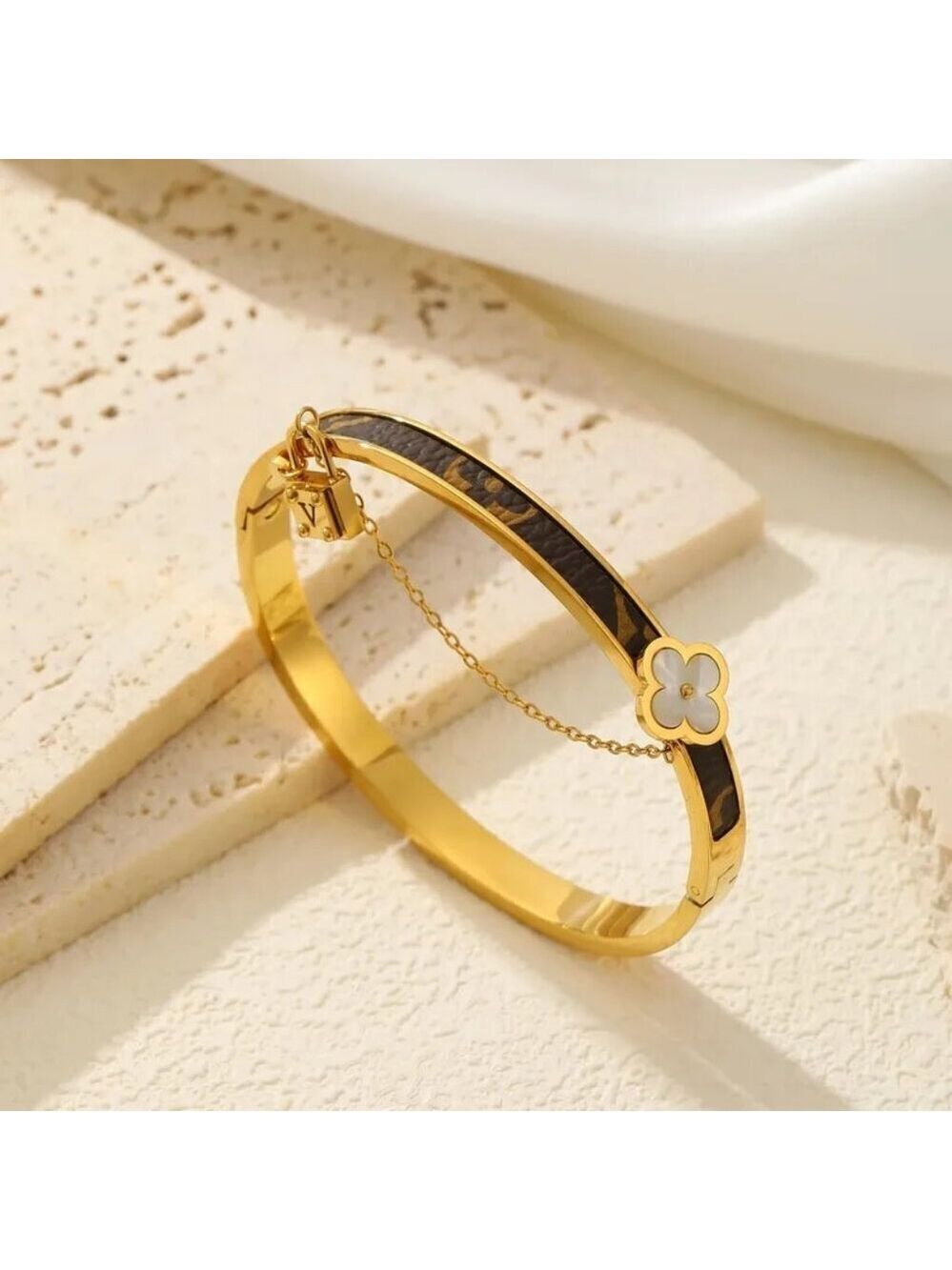18K Gold Plated Stainless Steel Luxe Patterned Faux Leather Statement Bangle